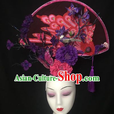 China Cheongsam Show Hair Crown Court Embroidered Peacock Fan Hair Clasp Catwalks Fashion Headdress Handmade Bride Giant Headwear