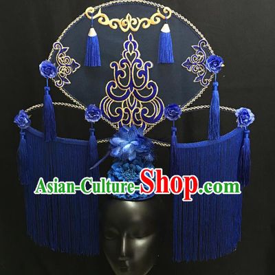 China Handmade Bride Giant Headwear Cheongsam Show Blue Tassel Hair Crown Court Fan Hair Clasp Catwalks Fashion Headdress
