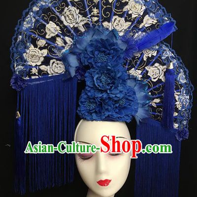 China Cheongsam Show Lace Fan Hair Crown Traditional Court Deep Blue Peony Tassel Hair Clasp Handmade Catwalks Fashion Bride Giant Headdress