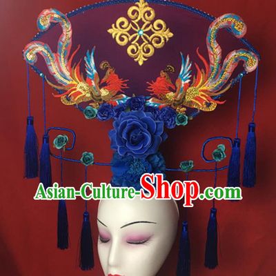 China Catwalks Giant Headdress Handmade Bride Fashion Headwear Cheongsam Show Blue Fan Hair Crown Court Sequins Phoenix Hair Clasp