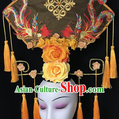 China Court Sequins Phoenix Hair Clasp Catwalks Giant Headdress Handmade Bride Fashion Headwear Cheongsam Show Yellow Fan Hair Crown