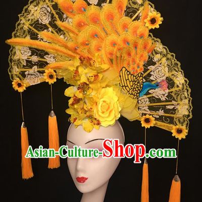 China Cheongsam Show Embroidered Phoenix Hair Crown Court Yellow Lace Fan Hair Clasp Catwalks Fashion Headdress Handmade Bride Giant Headwear