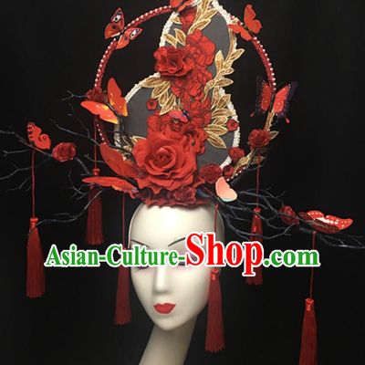 China Handmade Bride Fashion Headwear Cheongsam Show Red Gourd Hair Crown Court Tassel Hair Clasp Catwalks Giant Headdress