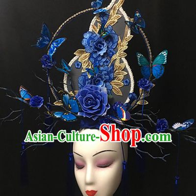 China Catwalks Giant Headdress Handmade Bride Fashion Headwear Cheongsam Show Blue Gourd Hair Crown Court Tassel Hair Clasp