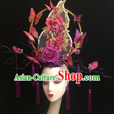 China Court Tassel Hair Clasp Catwalks Giant Headdress Handmade Bride Fashion Headwear Cheongsam Show Purple Gourd Hair Crown