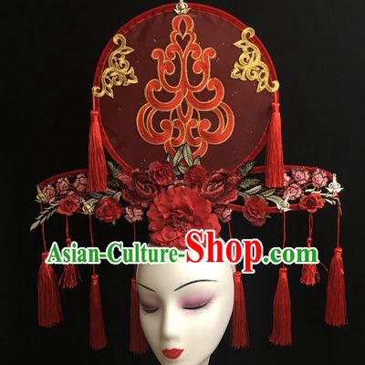 China Handmade Fashion Headwear Cheongsam Show Hair Crown Court Red Fan Tassel Hair Clasp Catwalks Bride Giant Headdress