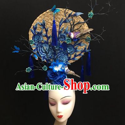 China Catwalks Bride Giant Headdress Handmade Fashion Headwear Cheongsam Show Embroidered Peony Hair Crown Court Rattan Fan Hair Clasp