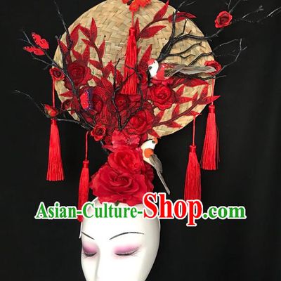 China Court Rattan Fan Hair Clasp Catwalks Bride Giant Headdress Handmade Fashion Headwear Cheongsam Show Embroidered Peony Hair Crown
