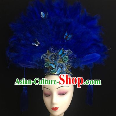 China Cheongsam Show Blue Feather Hair Crown Court Fan Hair Clasp Catwalks Bride Giant Headdress Handmade Fashion Butterfly Headwear