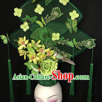 China Handmade Bride Giant Headwear Cheongsam Show Embroidered Peony Hair Crown Court Green Fan Hair Clasp Catwalks Fashion Headdress