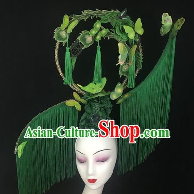 China Catwalks Deluxe Tassel Headdress Handmade Bride Fashion Headwear Qipao Show Hair Crown Court Green Flowers Top Hat