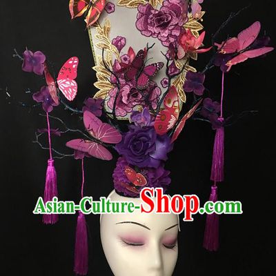 China Catwalks Fashion Headdress Handmade Bride Giant Headwear Cheongsam Show Embroidered Peony Hair Crown Court Purple Flowers Hair Clasp