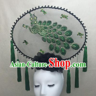 Chinese Traditional Stage Court Embroidered Peacock Top Hat Cheongsam Catwalks Deluxe Headwear Handmade Fashion Show Giant Hair Crown
