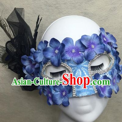Handmade Rio Carnival Feather Face Mask Halloween Cosplay Blue Flowers Mask Costume Party Blinder Headpiece