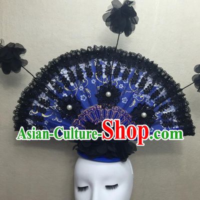 Chinese Traditional Stage Court Black Lace Top Hat Cheongsam Catwalks Deluxe Headwear Handmade Fashion Show Giant Fan Hair Crown