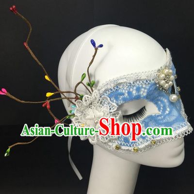 Handmade Costume Party Pearls Blinder Headpiece Rio Carnival Blue Lace Face Mask Halloween Cosplay Show Feather Mask