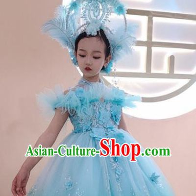 Custom Girl Princess Stage Show Clothing Brazil Parade Dance Blue Full Dress Children Catwalks Garment Costume and Feather Royal Crown