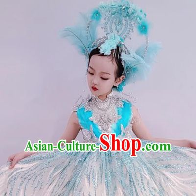 Custom Children Catwalks Garment Costume Girl Princess Stage Show Clothing Brazil Parade Dance Full Dress and Feather Headdress