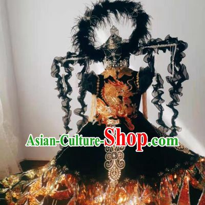 Custom Brazil Parade Black Full Dress Children Catwalks Dance Garment Costume Girl Princess Stage Show Embroidered Clothing and Feather Headdress