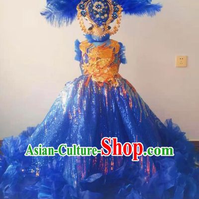 Custom Girl Princess Stage Show Embroidered Clothing Brazil Parade Blue Trailing Full Dress Children Catwalks Dance Garment Costume and Feather Headwear