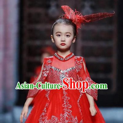 Custom Girl Princess Sequins Clothing Stage Show Red Full Dress Children Catwalks Dance Garment Costume
