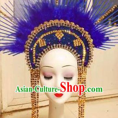 Top Baroque Bride Hat Brazil Parade Headdress Halloween Cosplay Queen Hair Accessories Catwalks Blue Feather Royal Crown