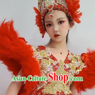 Customized Girl Stage Show Clothing Brazil Parade Dance Red Feather Trailing Full Dress Children Catwalks Garment Costume and Royal Crown