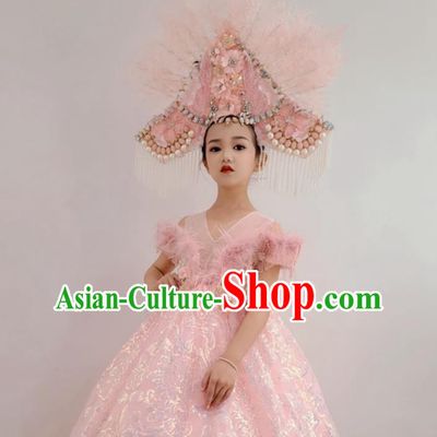 Customized Children Catwalks Garment Costume Girl Stage Show Clothing Brazil Parade Dance Trailing Full Dress and Pink Feather Headwear