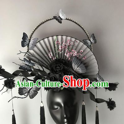 Chinese Traditional Stage Court Fan Tassel Top Hat Cheongsam Catwalks Deluxe Headwear Handmade Fashion Show Giant Black Butterfly Hair Crown