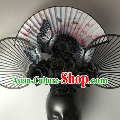 Chinese Handmade Fashion Show Giant Black Flowers Hair Crown Traditional Stage Court Fan Top Hat Cheongsam Catwalks Deluxe Headwear