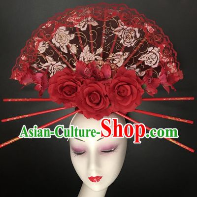 Chinese Handmade Fashion Show Red Rose Hair Crown Traditional Stage Court Lace Fan Top Hat Cheongsam Catwalks Giant Headdress