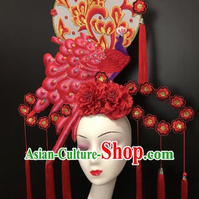 Chinese Cheongsam Catwalks Giant Headdress Handmade Fashion Show Red Peacock Hair Crown Traditional Stage Court Deluxe Top Hat