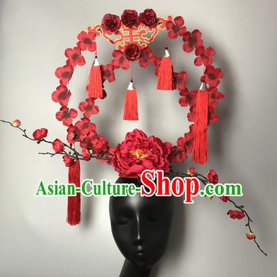 Chinese Traditional Stage Court Deluxe Top Hat Cheongsam Catwalks Giant Headdress Handmade Fashion Show Red Peony Hair Crown