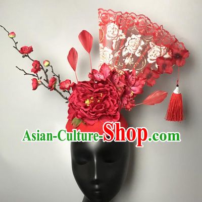 Chinese Handmade Fashion Show Lace Fan Hair Crown Traditional Stage Court Red Peony Top Hat Cheongsam Catwalks Giant Headdress