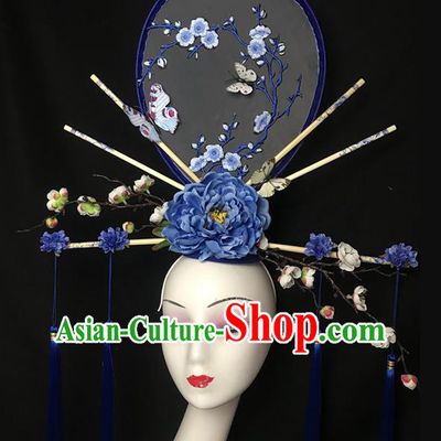 Chinese Traditional Court Embroidered Fan Top Hat Cheongsam Catwalks Fashion Giant Headdress Handmade Stage Show Blue Peony Hair Crown