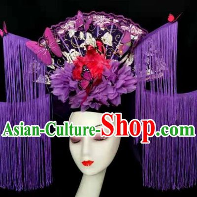 Chinese Cheongsam Catwalks Giant Fashion Headdress Handmade Stage Show Purple Tassel Hair Crown Traditional Court Lace Fan Hair Clasp