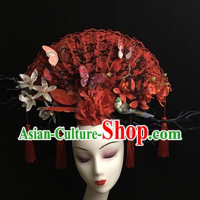 China Handmade Bride Fashion Headwear Qipao Show Hair Crown Court Red Lace Fan Hair Clasp Catwalks Deluxe Headdress
