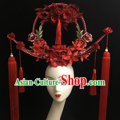 China Court Red Tassel Hair Clasp Catwalks Deluxe Headdress Handmade Bride Fashion Headwear Qipao Show Embroidered Red Peony Hair Crown