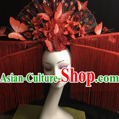 China Qipao Show Hair Crown Court Red Butterfly Fan Hair Clasp Catwalks Deluxe Headdress Handmade Bride Fashion Tassel Headwear