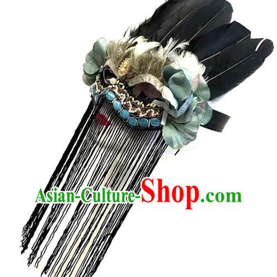 Handmade Brazil Carnival Feather Mask Halloween Cosplay Black Tassel Full Face Mask Christmas Costume Party Headpiece