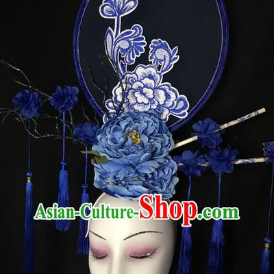 China Qipao Catwalks Bride Headdress Handmade Wedding Fashion Headwear Stage Show Tassel Hair Crown Court Blue Peony Hair Clasp