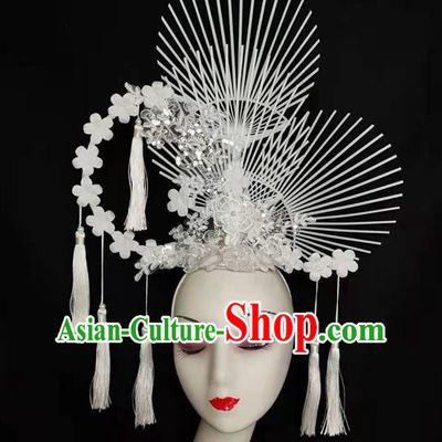 China Court White Lace Flowers Hair Clasp Qipao Catwalks Bride Headdress Handmade Wedding Fashion Headwear Stage Show Tassel Hair Crown