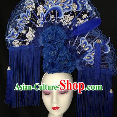 China Stage Show Tassel Hair Crown Court Lace Fan Hair Clasp Qipao Catwalks Bride Headdress Handmade Wedding Fashion Headwear