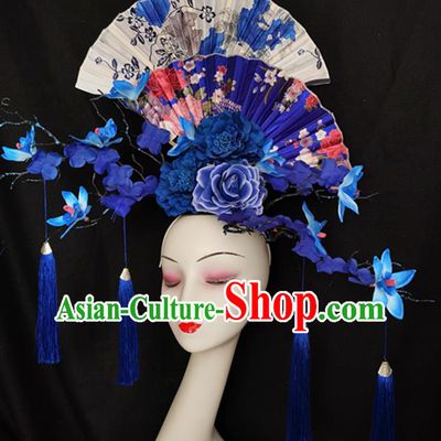 China Handmade Wedding Fashion Headwear Stage Show Blue Flowers Hair Crown Court Fan Hair Clasp Qipao Catwalks Bride Headdress