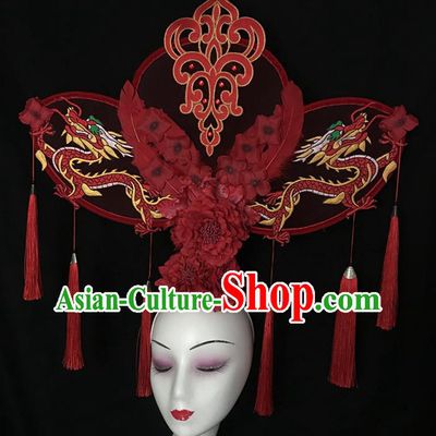 China Qipao Catwalks Bride Headdress Handmade Wedding Fashion Headwear Stage Show Red Peony Hair Crown Court Dragon Hair Clasp