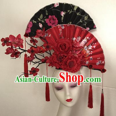 China Court Fan Tassel Hair Clasp Qipao Catwalks Bride Headdress Handmade Wedding Fashion Headwear Stage Show Red Peony Hair Crown