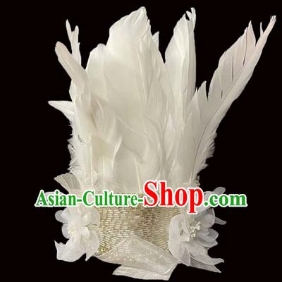Professional Christmas Day White Feather Headwear Girl Princess Pearls Royal Crown Children Stage Performance Hair Accessories