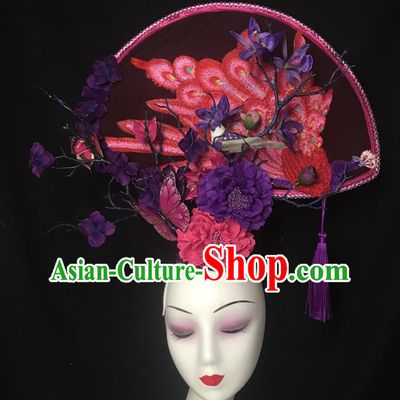 China Handmade Wedding Headwear Stage Show Embroidered Peacock Hair Crown Court Fan Tassel Hair Clasp Qipao Catwalks Fashion Headdress
