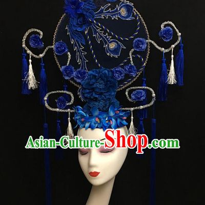 China Qipao Catwalks Fashion Headdress Handmade Wedding Headwear Stage Show Embroidered Royalblue Hair Crown Court Fan Tassel Hair Clasp