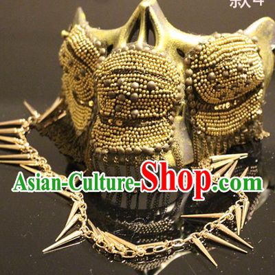 Handmade Brazil Carnival Golden Mask Halloween Cosplay Tassel Face Mask Costume Party Gothic Rivet Headpiece